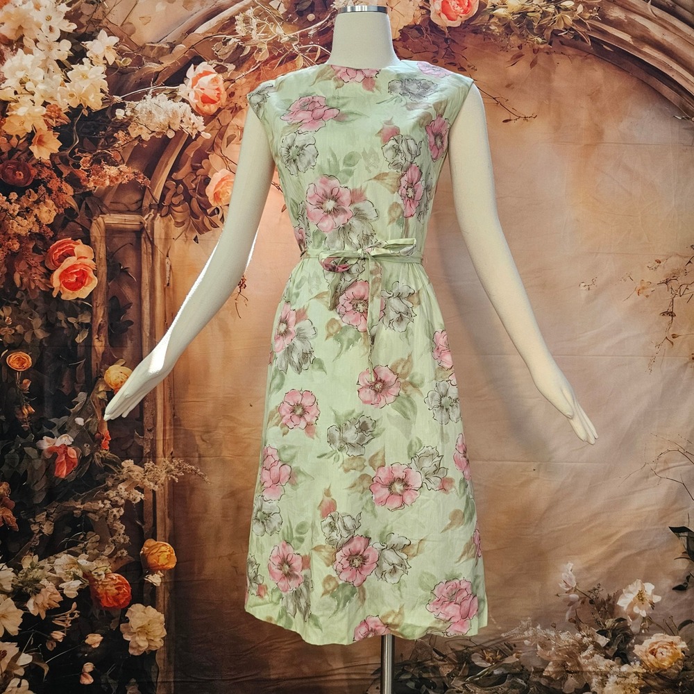 Vintage 1960s Floral Dress Tan Green Pink Sleeveless A-Line Belted Shift Mod - Picture 4 of 8